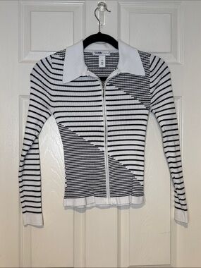 White House Black Market Black & White Striped Zip Front Knit Top